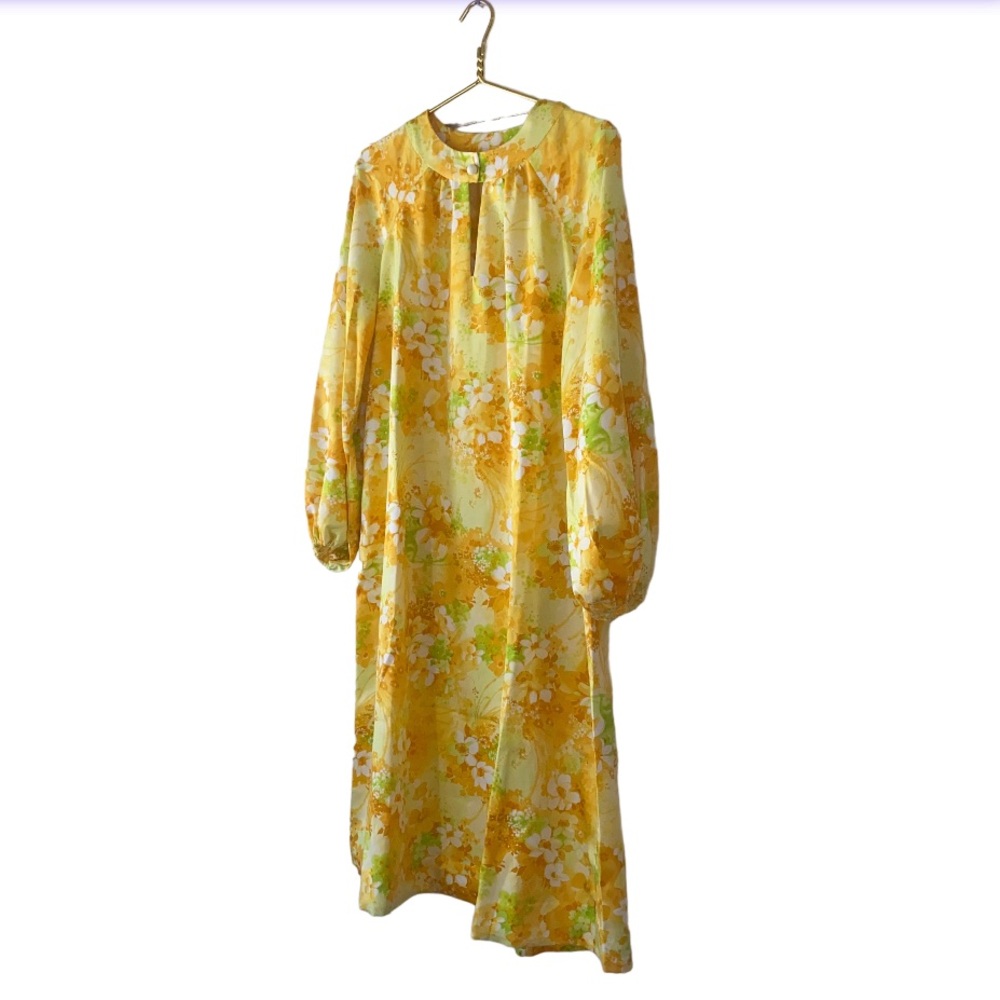 VTG MOD HANDMADE Flower Yellow Green White MIDI SHIFT Dress Elastic 3/4 SLEEVE